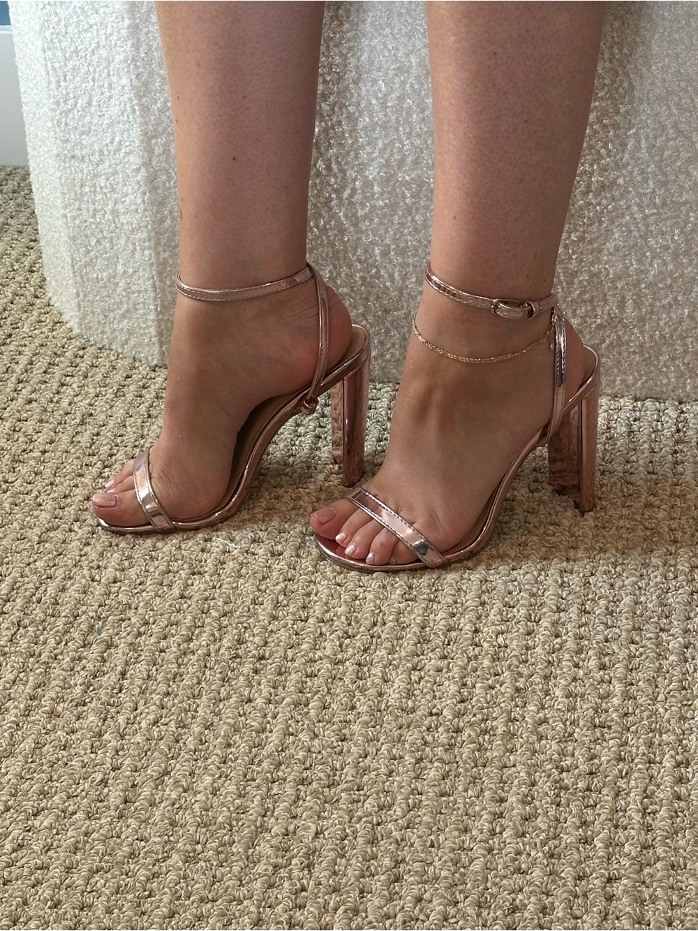 Qupid Metallic Rose Gold Ankle-Strap Block Heel Sandals